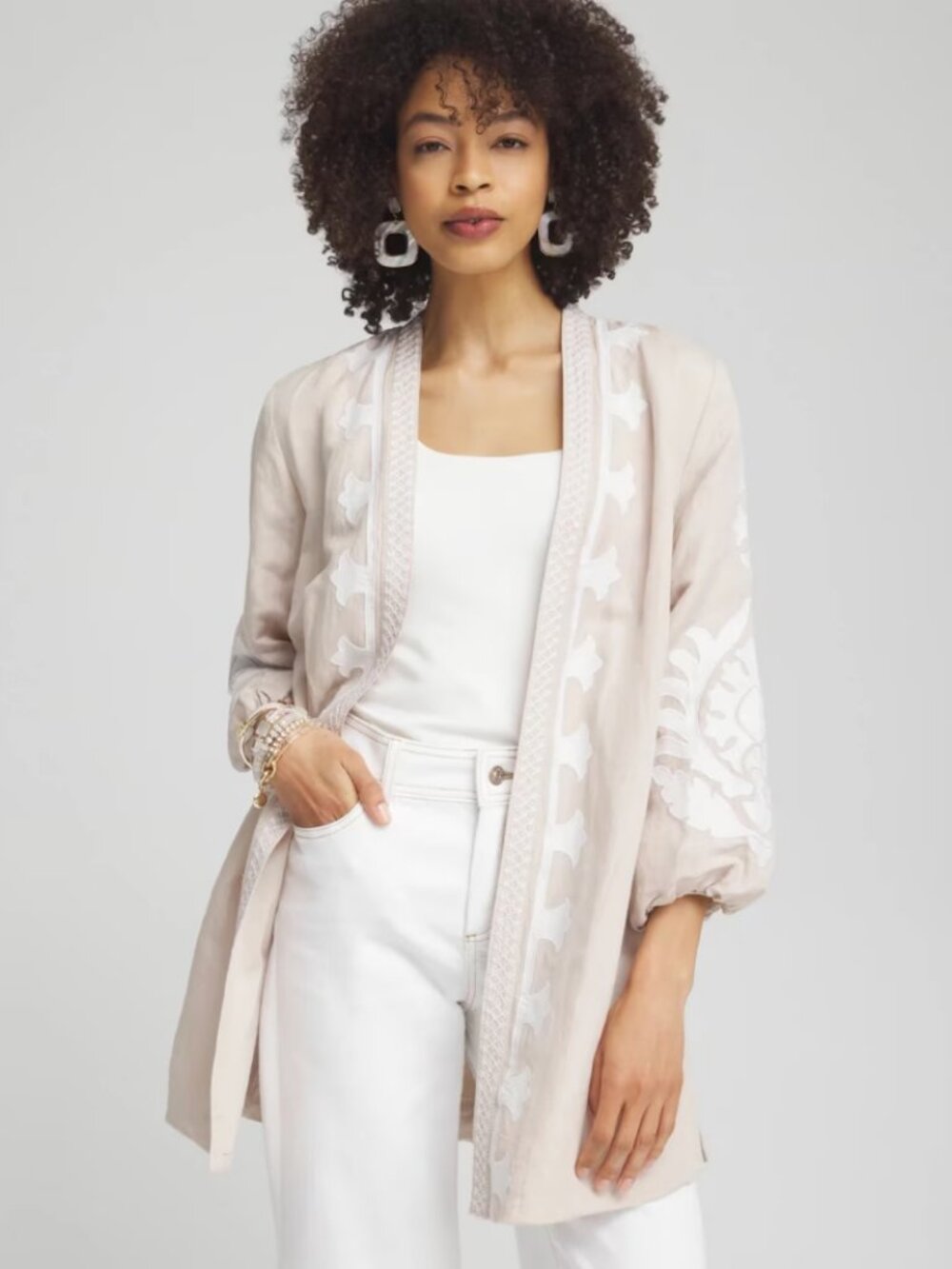 Chicos Embroidered Linen Blend Topper Open Kimono Beige White Cardigan Top